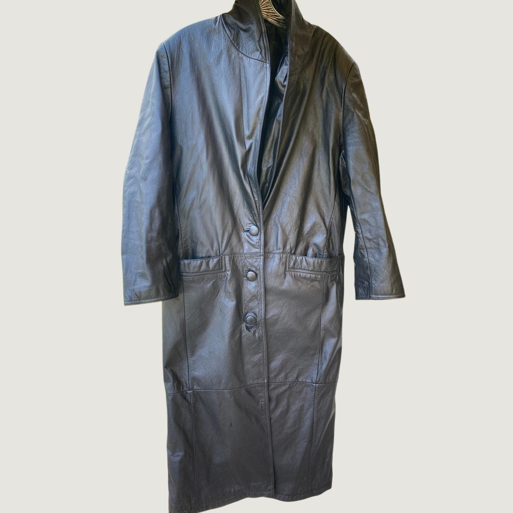 Vintage 90s Black Leather Trench Coat Matrix Goth Duster Gitano M